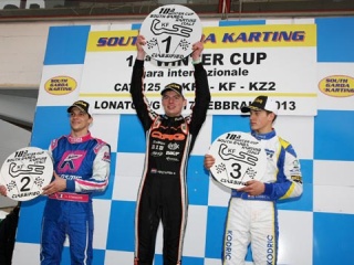 Il podio KF2: Verstappen, Convers, Kodric