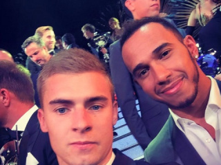 World Champs selfie - Karting World Champion (KF) Karol Basz with 3-time F1 World Champion Lewis Hamilton