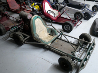 A green Fox concession kart, red Fox Mak Kart, Hornet Enduro with long range alloy fuel cell, kart behind red Fox was thought to be a RSK kart and the chassis behind the Fox concession was of unknown manufacture